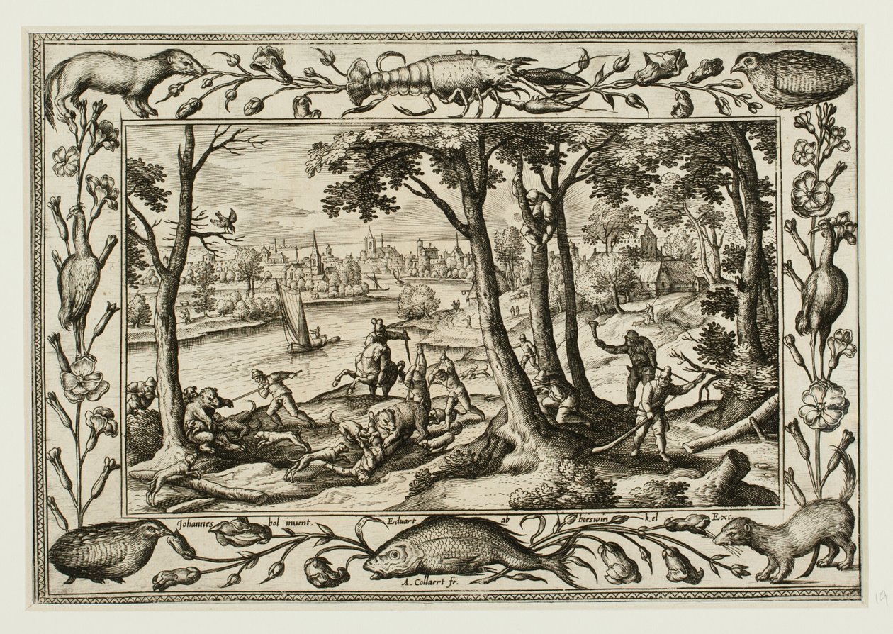 Berenjacht, uit Landschappen met scènes uit het Oude en Nieuwe Testament en Jachtscènes door Adriaen Collaert