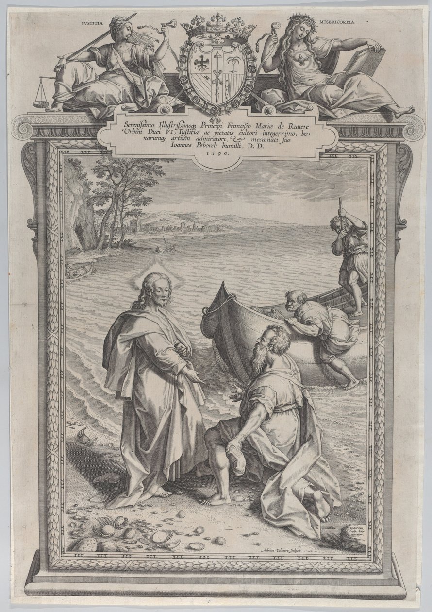 Christus roept Sint Andreas, die voor hem knielt op een strand, en Sint Petrus, die klimt..., 1590 door Adriaen Collaert