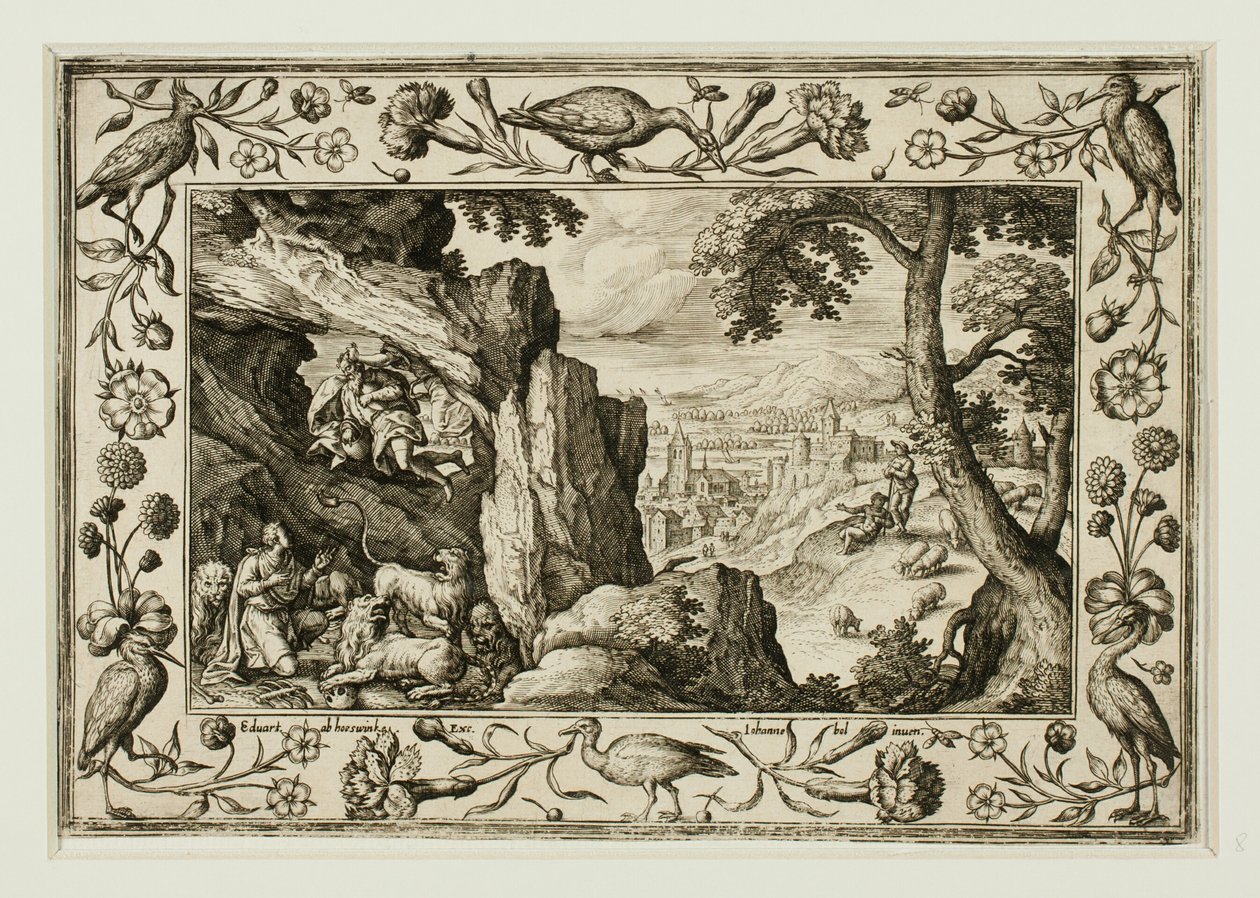 Daniël in de leeuwenkuil, uit Landschappen met scènes uit het Oude en Nieuwe Testament en Jachtscènes door Adriaen Collaert