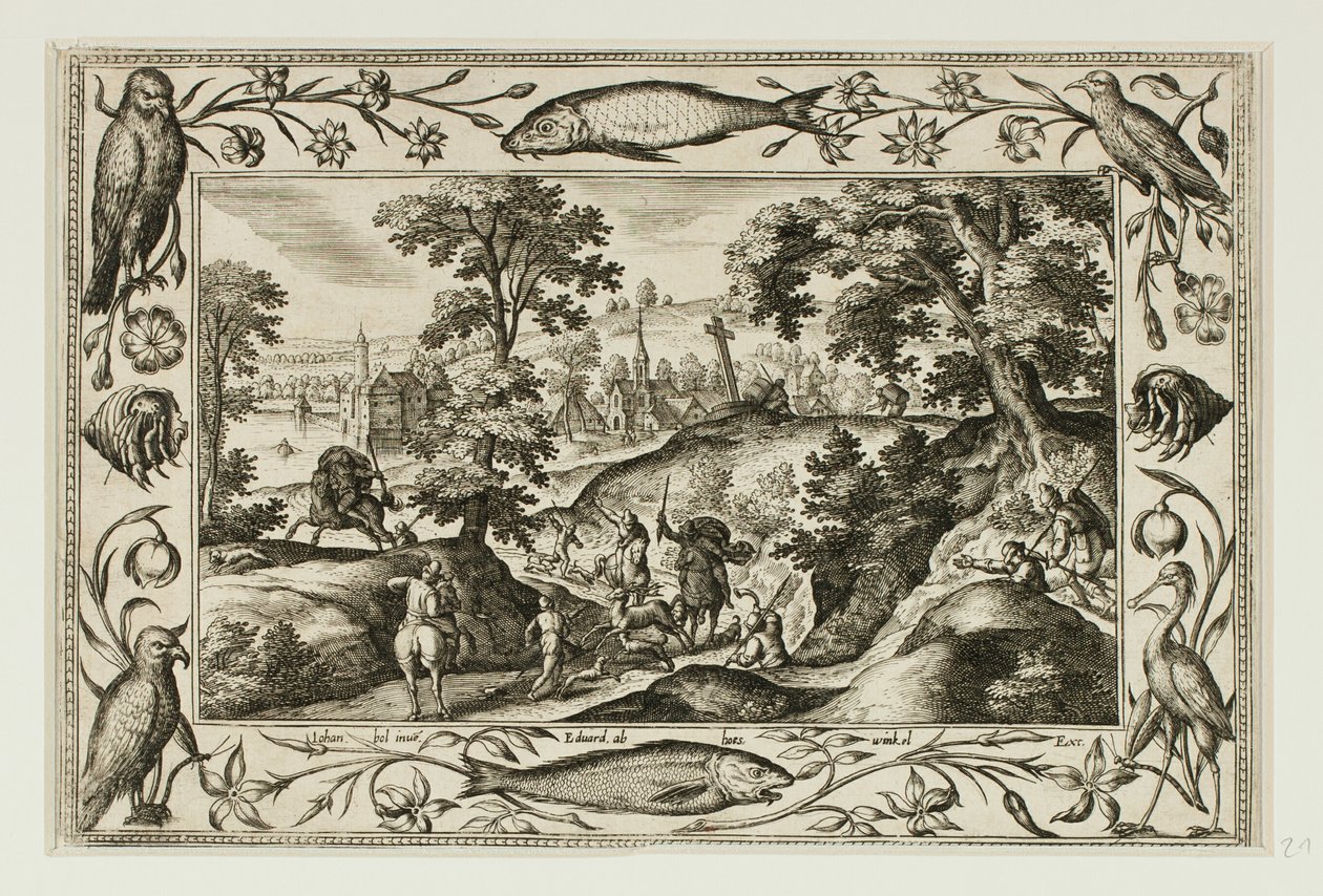 Hertenjacht, uit Landschappen met scènes uit het Oude en Nieuwe Testament en Jachtscènes door Adriaen Collaert