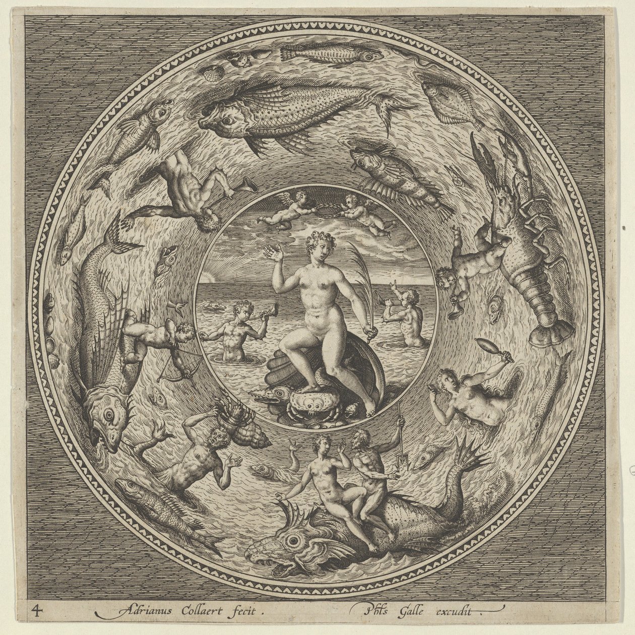 Ontwerp voor een bord met Galatea op een schelp geflankeerd door trompetters in een medaillonrand, ca. 1600 door Adriaen Collaert
