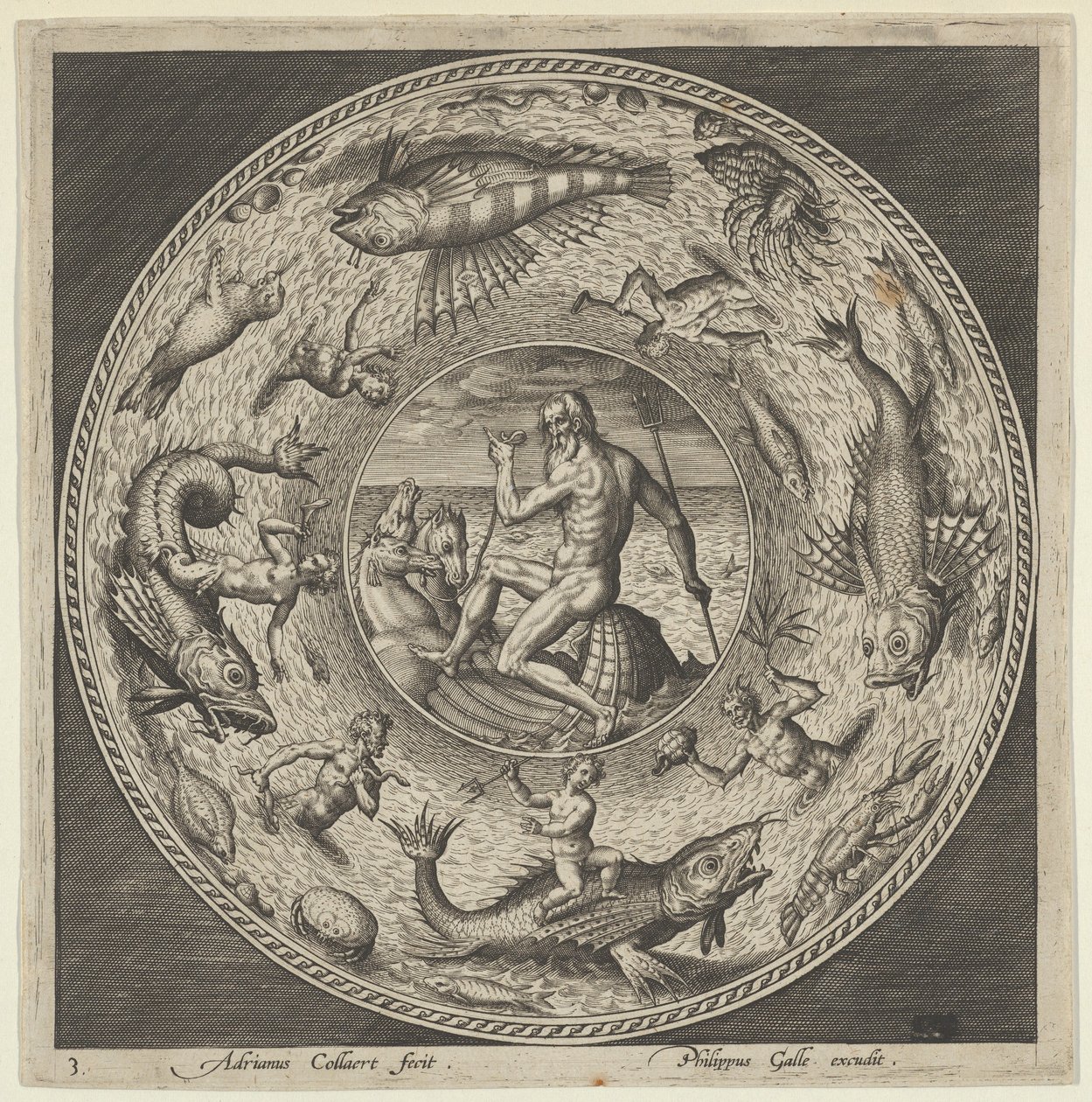 Ontwerp voor een Bord met Neptunus in een Schelp Getrokken door Paarden in een Medaillon Omrand door..., ca. 1600 door Adriaen Collaert