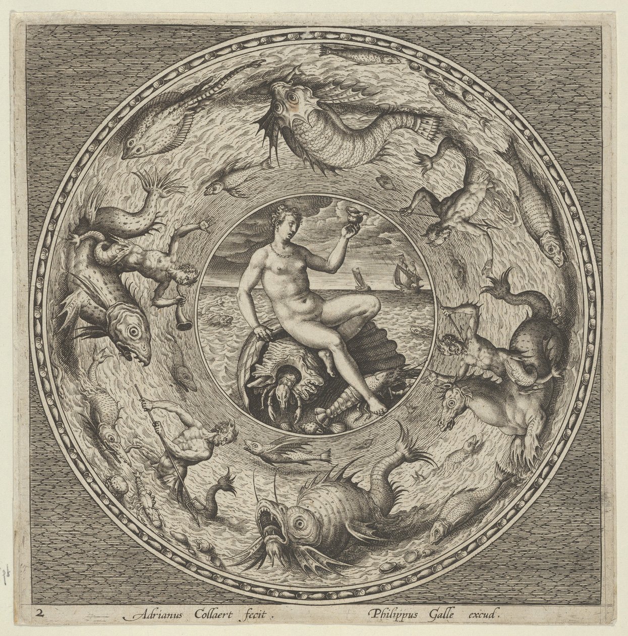 Ontwerp voor een Bord met Thetis op een Schelp in een Medaillon Omgeven door Zeemonsters, c. 1600 door Adriaen Collaert