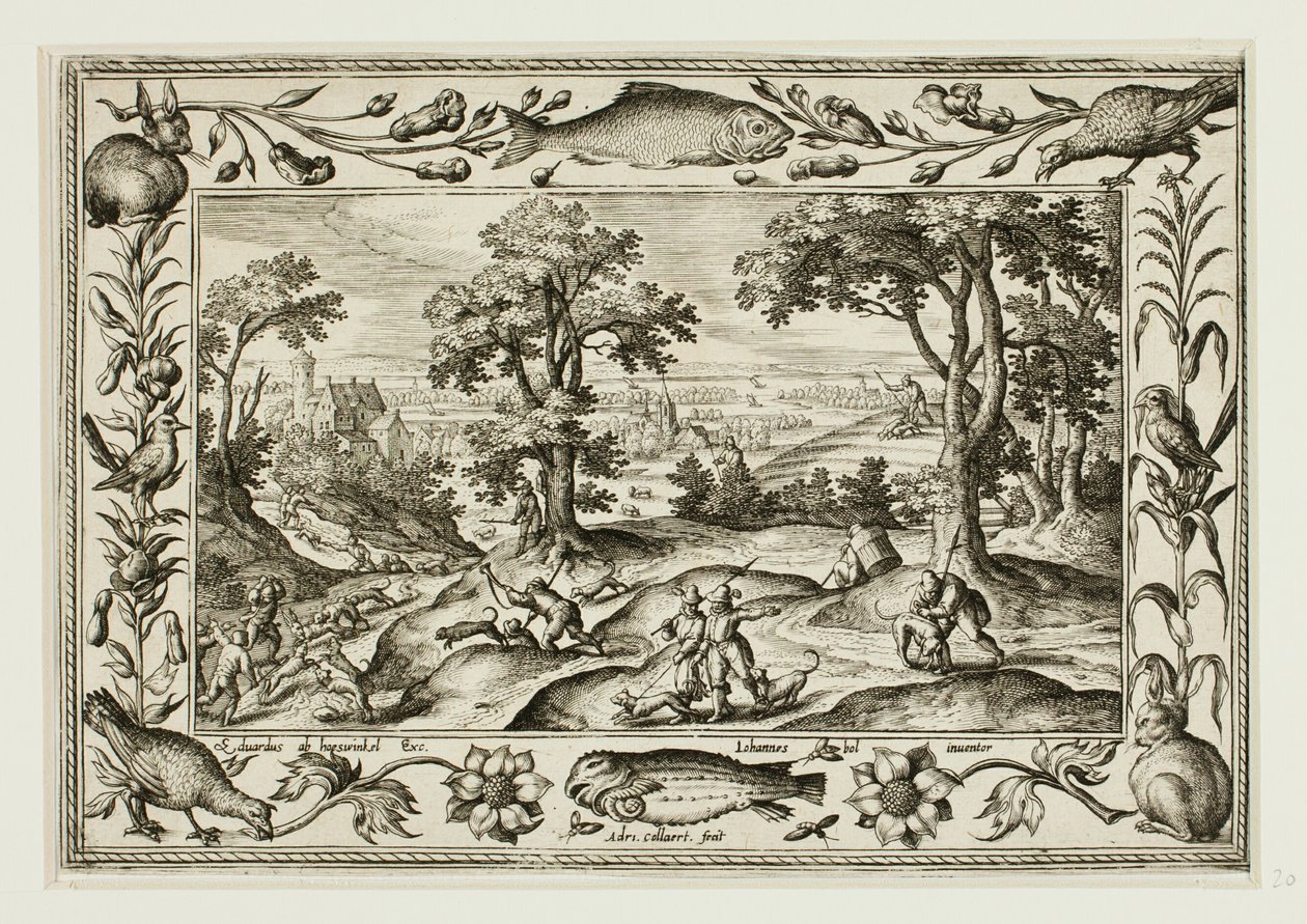 Hazenjacht, uit Landschappen met scènes uit het Oude en Nieuwe Testament en Jachtscènes door Adriaen Collaert