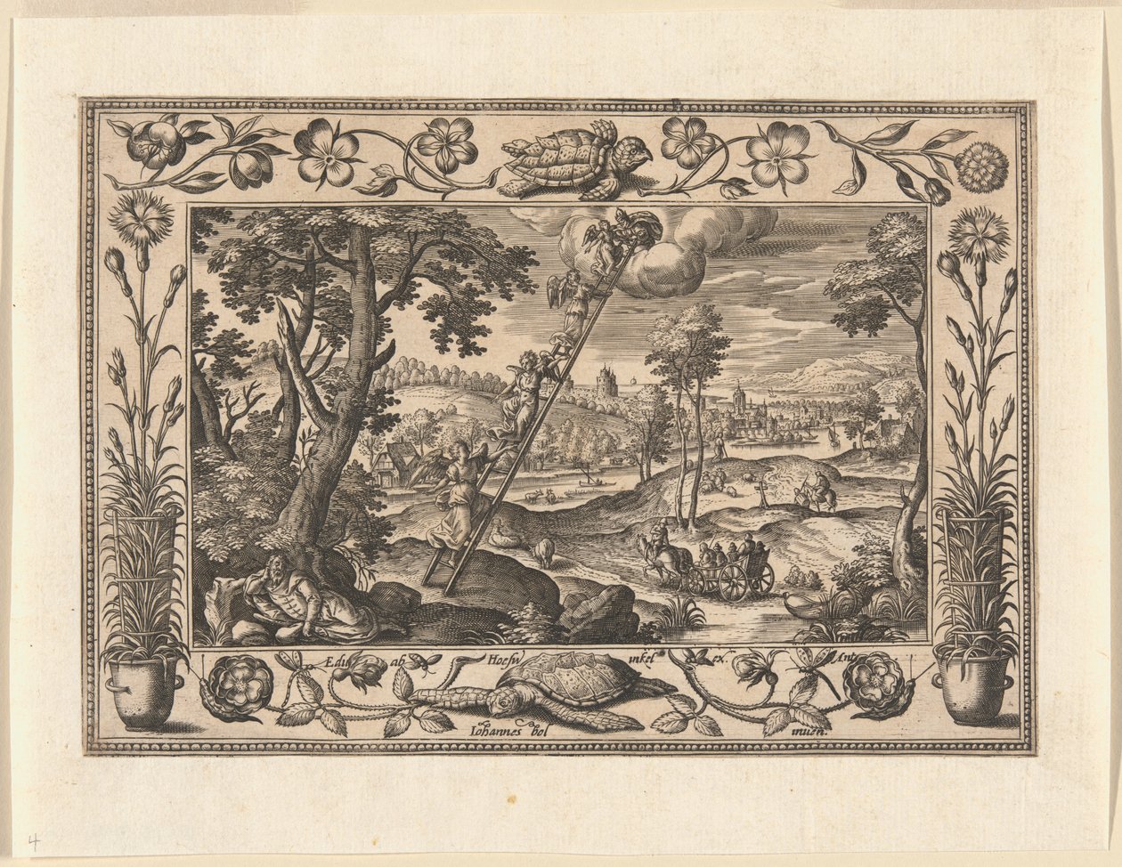 Jakobsdroom, uit Landschappen met scènes uit het Oude en Nieuwe Testament en Jachtscènes door Adriaen Collaert