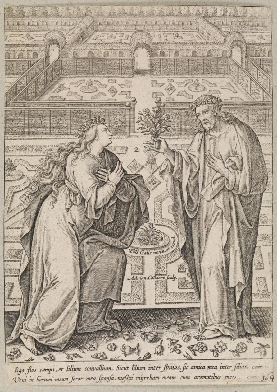 Christus en zijn bruid, Ecclesia, in een tuin door Adriaen Collaert