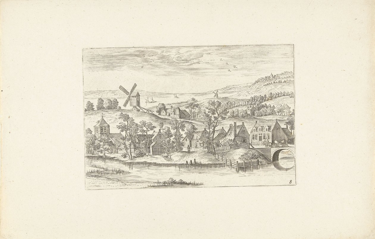 Landschap met een rivier en een windmolen door Adriaen Collaert
