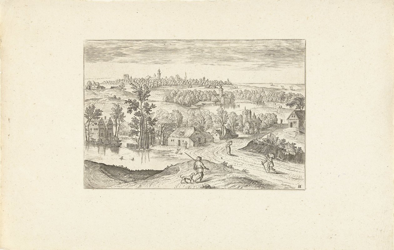 Landschap met een vijver door Adriaen Collaert