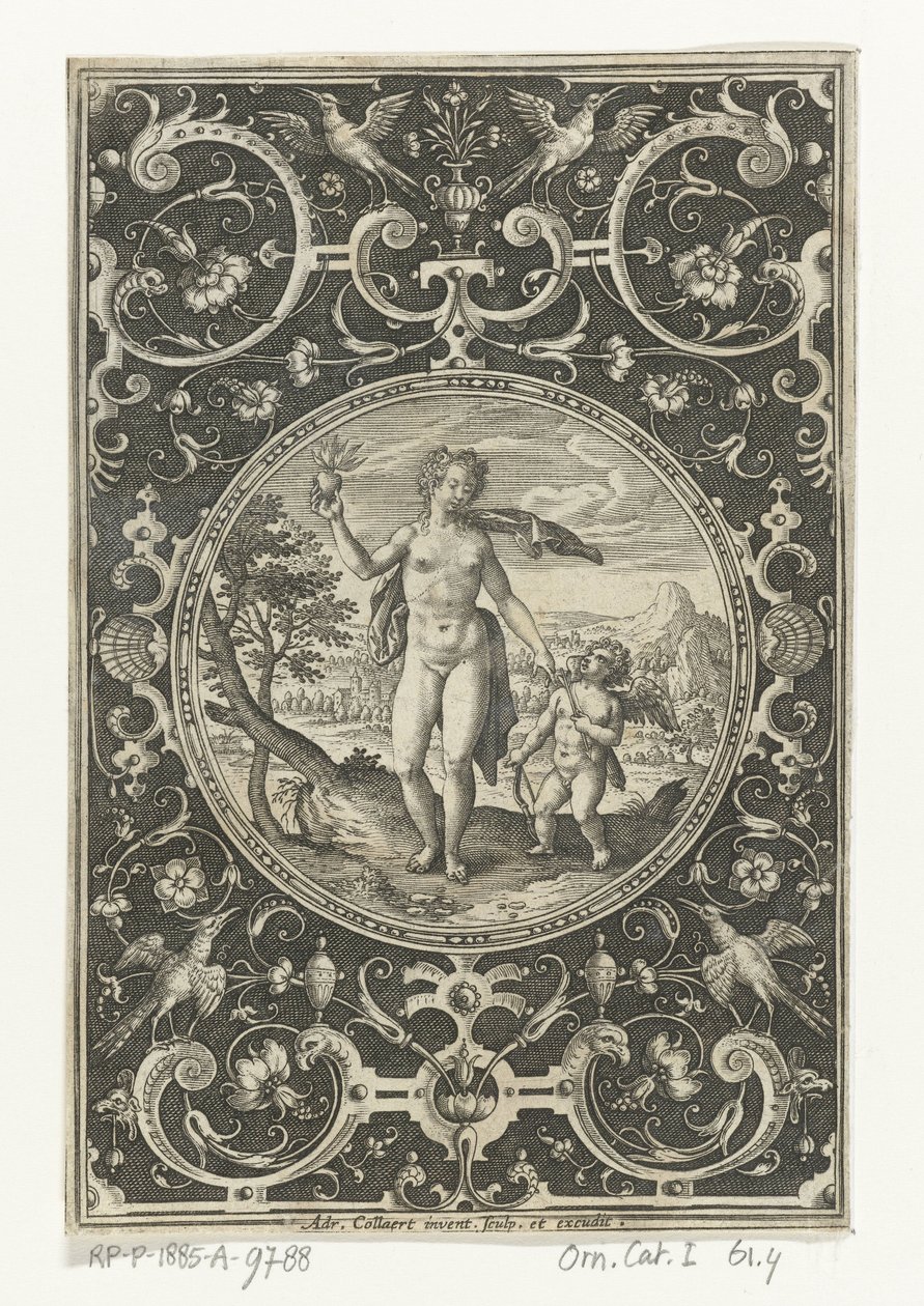 Medaillon met Venus en Amor in omlijsting van grotesken met bloemen, guirlandes, dieren en mascarons door Adriaen Collaert