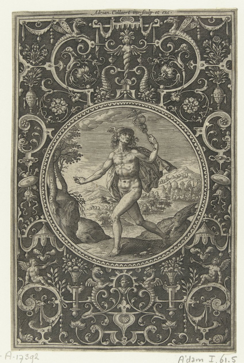 Medaillon waarin Mercurius met zijn staf in zijn hand door Adriaen Collaert