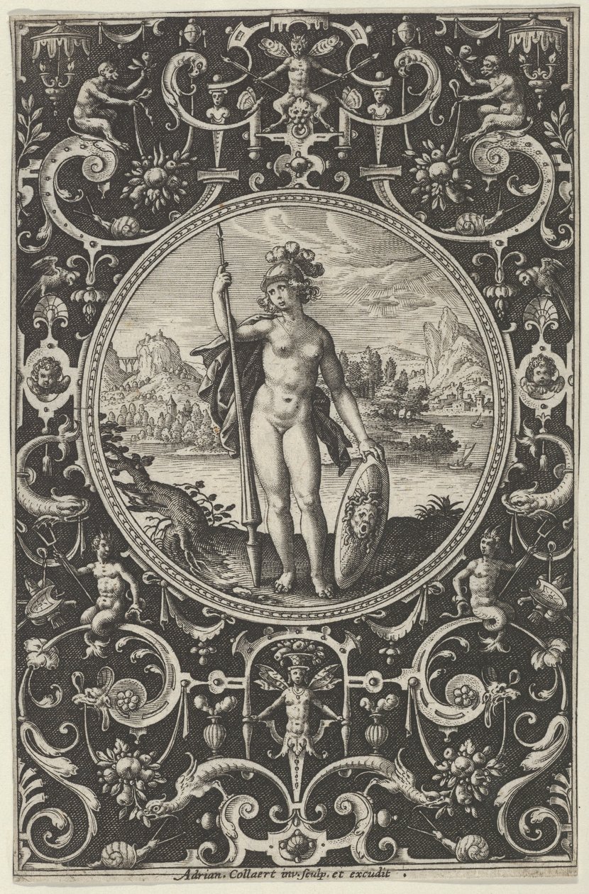 Minerva in een Decoratief Kader met Grotesken, uit het Oordeel van Paris door Adriaen Collaert