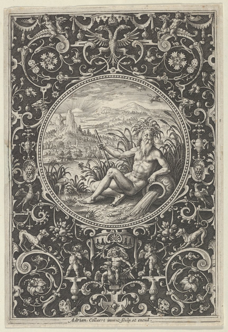 Neptunus in een decoratief kader met grotesken, uit het oordeel van Paris door Adriaen Collaert