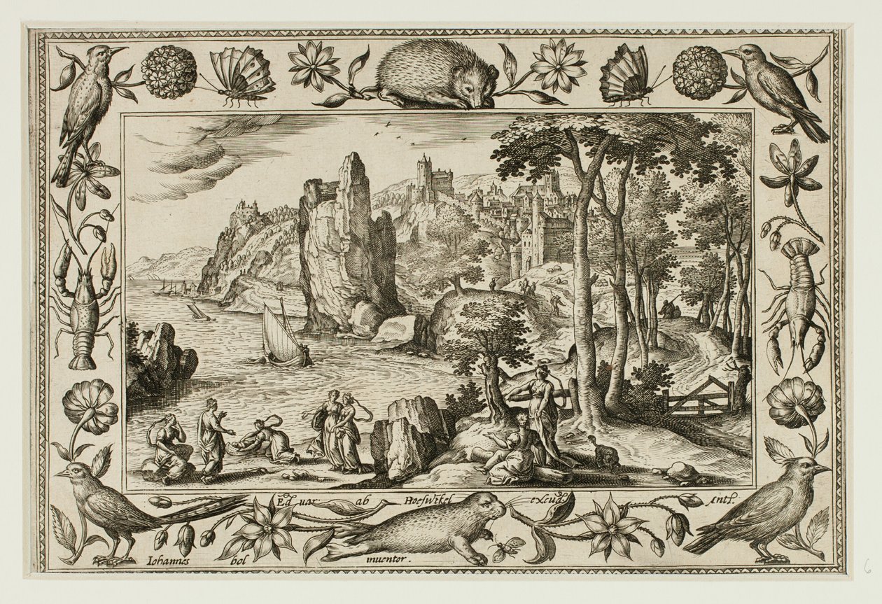 De dochter van de farao die Mozes vindt, uit Landschappen met scènes uit het Oude en Nieuwe Testament en Jachtscènes door Adriaen Collaert