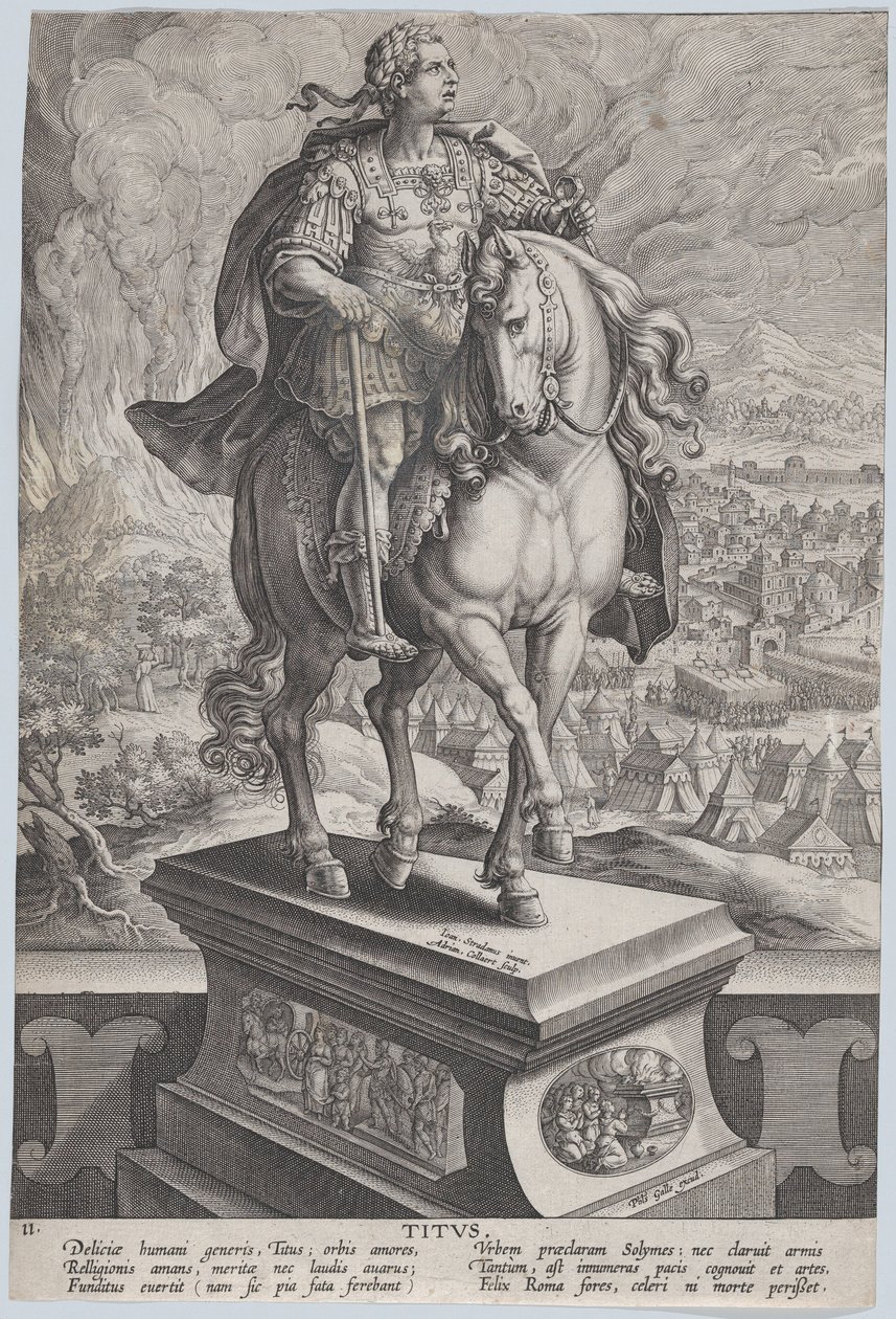 Plaat 11: ruiterstandbeeld van Titus, driekwart naar rechts gezien, Mount Vesuv..., ca. 1587-89 door Adriaen Collaert