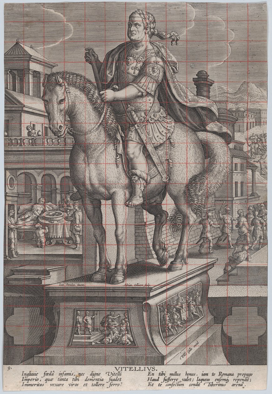 Plaat 9: ruiterstandbeeld van Vitellius, driekwart naar links door Adriaen Collaert