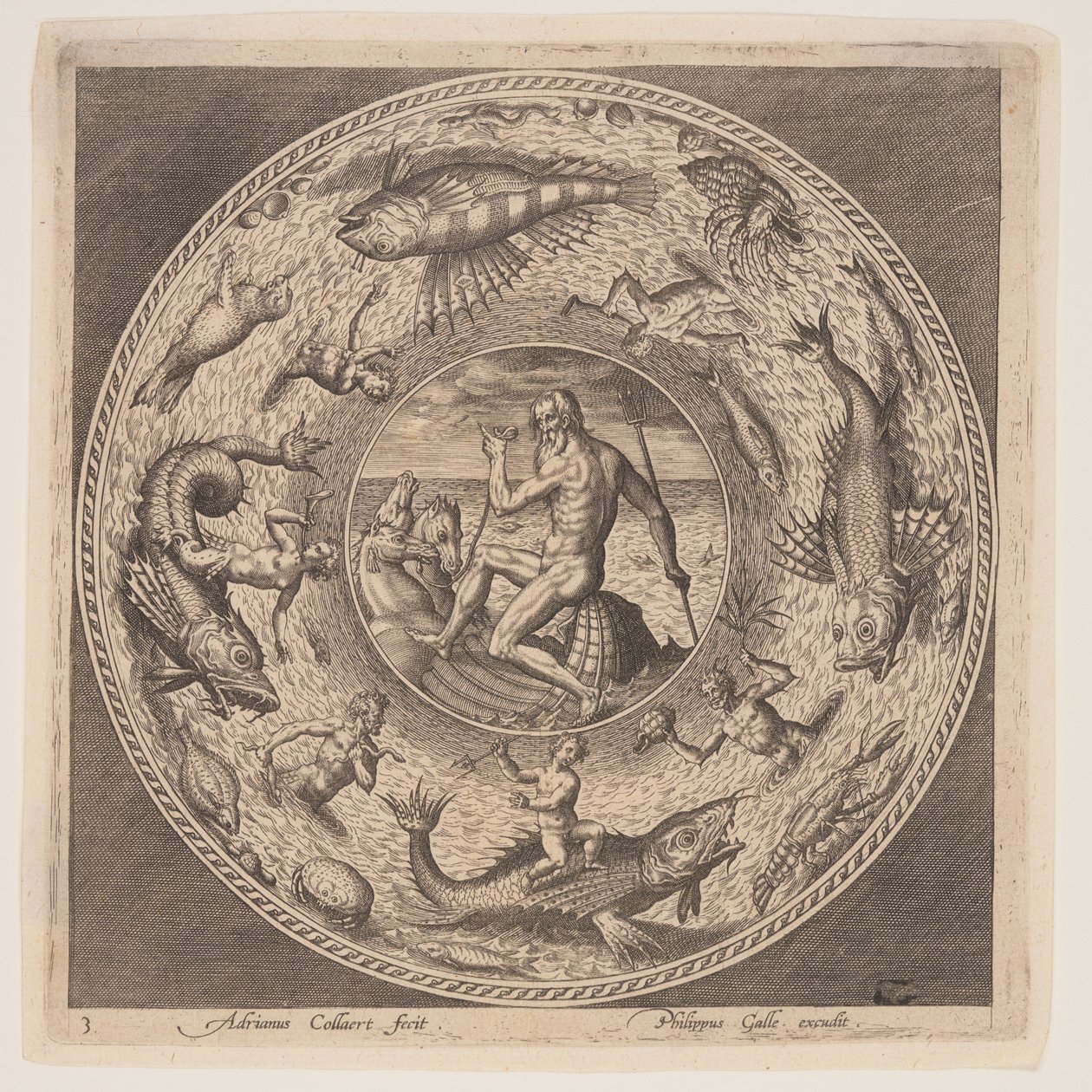 Poseidon, uit een serie ontwerpen voor platen (Fonds de Coupe) door Adriaen Collaert