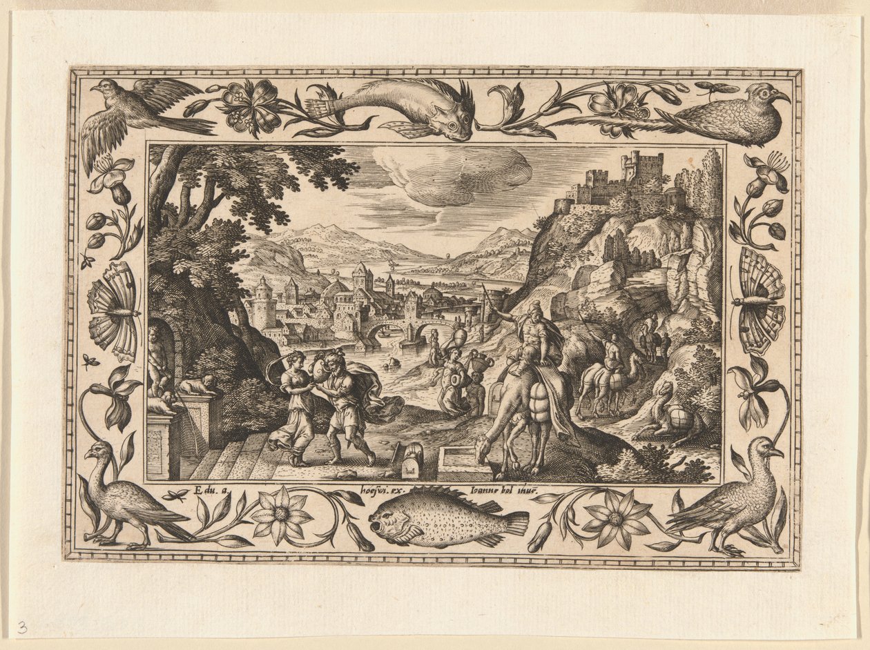 Rebekka en Eliezer bij de put, uit Landschappen met scènes uit het Oude en Nieuwe Testament en Jachtscènes door Adriaen Collaert