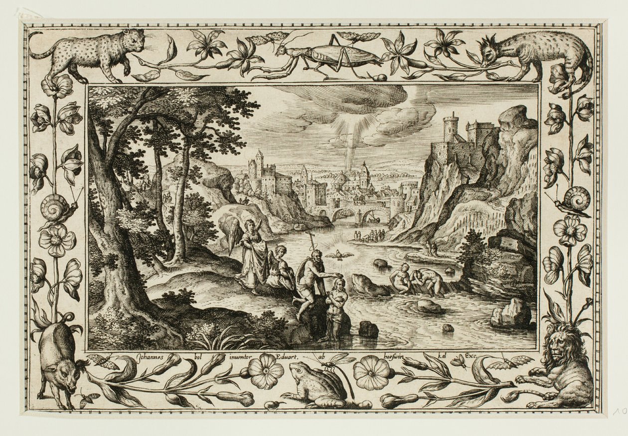 De doop van Christus, uit Landschappen met scènes uit het Oude en Nieuwe Testament en Jachtscènes door Adriaen Collaert