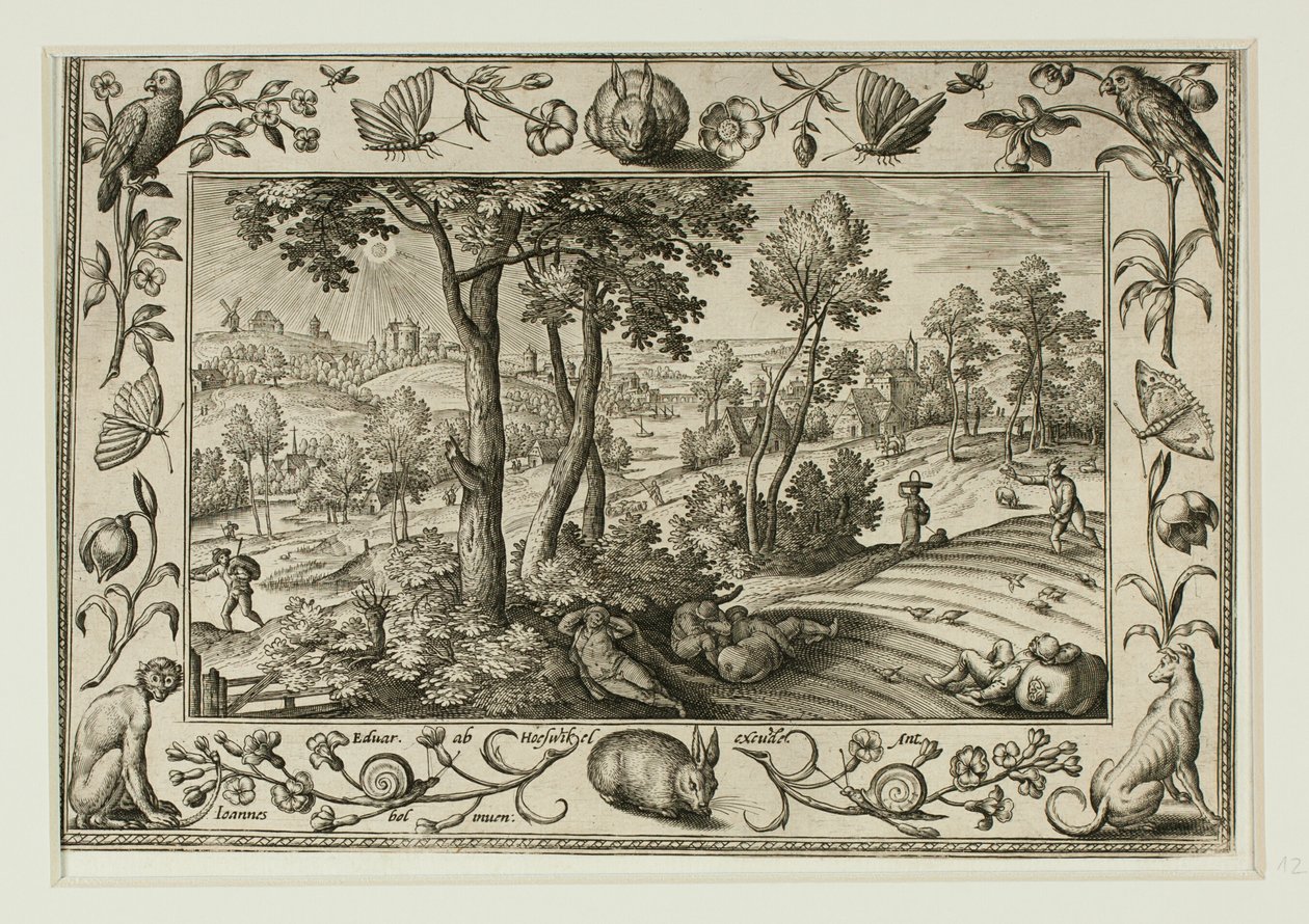 De vijand zaait tarwe tussen het koren, van landschappen met scènes uit het Oude en Nieuwe Testament en jachtscènes door Adriaen Collaert