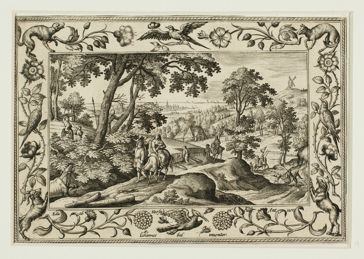 De Vlucht naar Egypte, uit Landschappen met Scènes uit het Oude en Nieuwe Testament en Jachtscènes door Adriaen Collaert