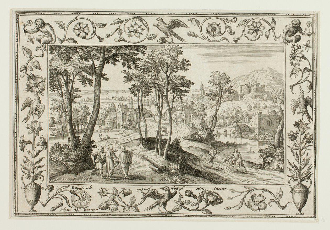De Emmaüsreis, uit Landschappen met scènes uit het Oude en Nieuwe Testament en Jachtscènes door Adriaen Collaert