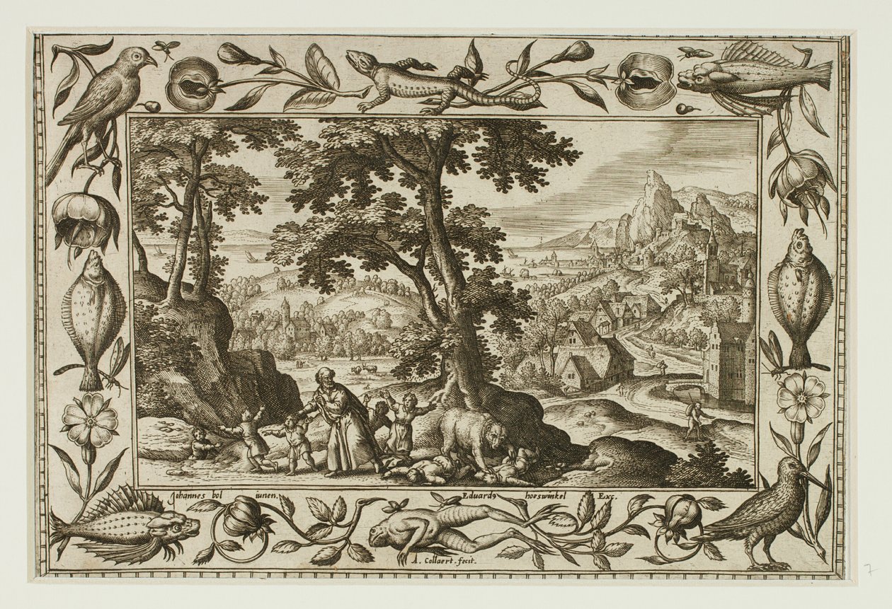 De spottende kinderen vervloekt door Elia en opgegeten door de berin, uit Landschappen met scènes uit het Oude en Nieuwe Testament en Jachtscènes door Adriaen Collaert
