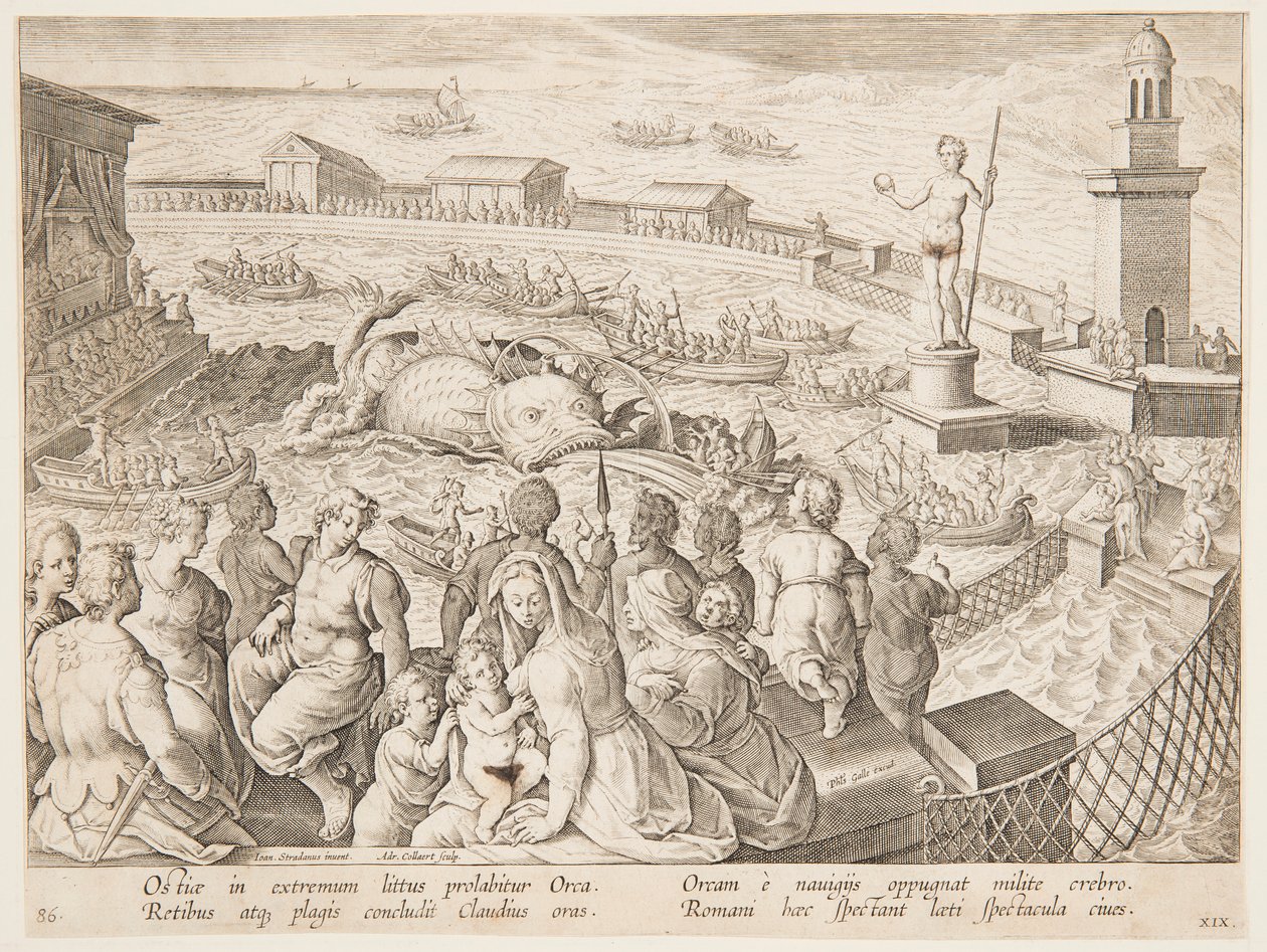 Walvisjacht door keizer Claudius in de haven van Ostia, pl. 19 in de Venationes Ferarum, Avium, Piscium serie door Adriaen Collaert