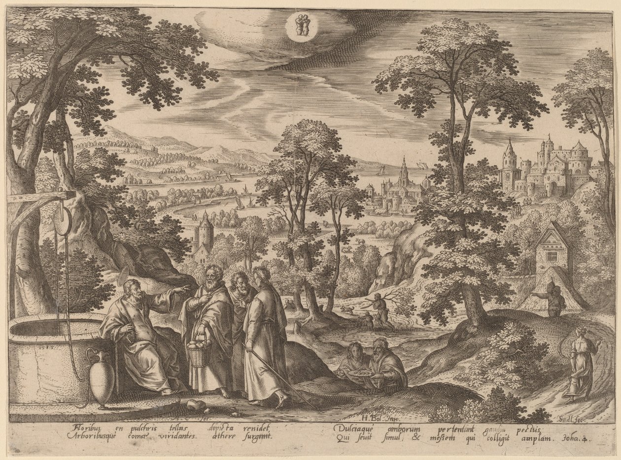 Christus en de vrouw van Samaria door Adriaen Collaert after Hans Bol