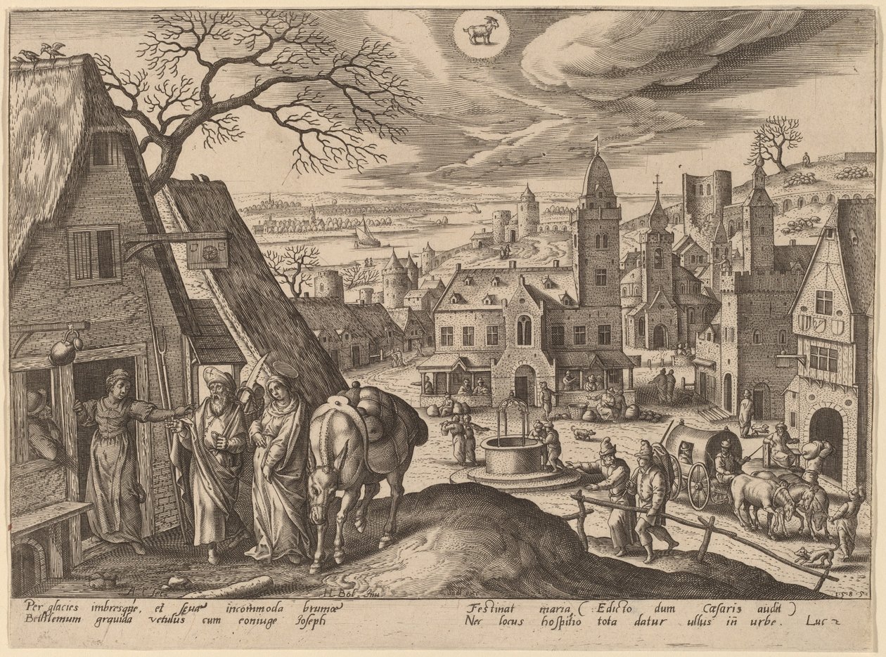 De Maagd en Jozef in de herberg door Adriaen Collaert after Hans Bol