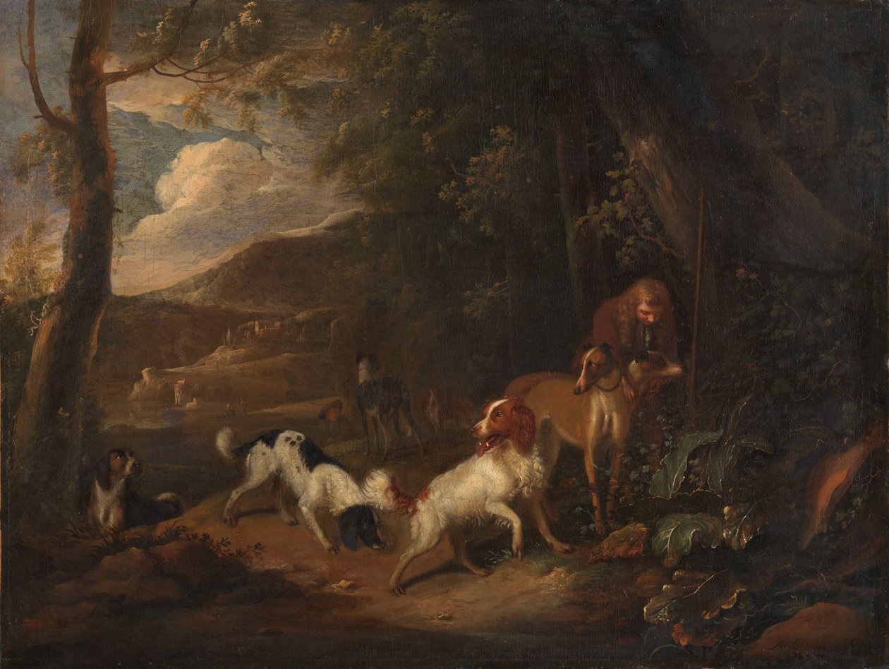 Jager met honden aan de rand van een bos door Adriaen Cornelisz Beeldemaker