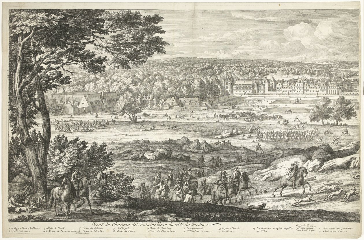 Gezicht op het kasteel van Fontainebleau (linkerblad) door Adriaen Frans Boudewyns