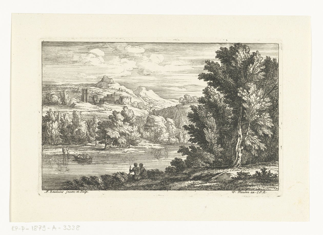 Landschap met een rivier en een burcht door Adriaen Frans Boudewyns