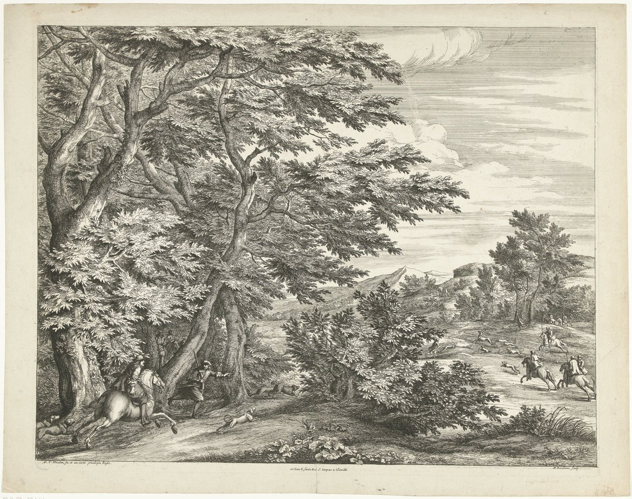 Landschap met hertenjacht door Adriaen Frans Boudewyns