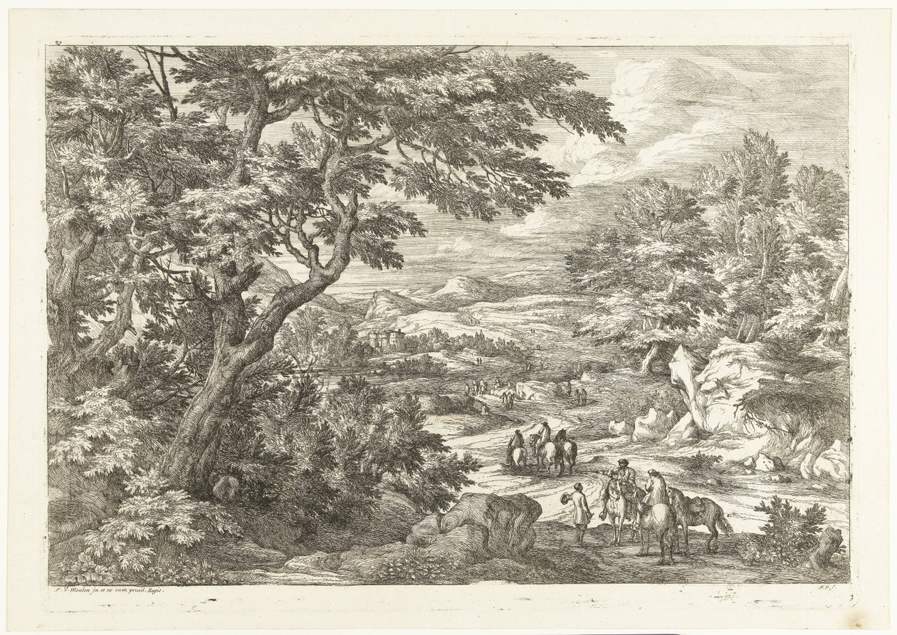 Landschap met jagers op weg naar huis, in de verte een kasteel door Adriaen Frans Boudewyns