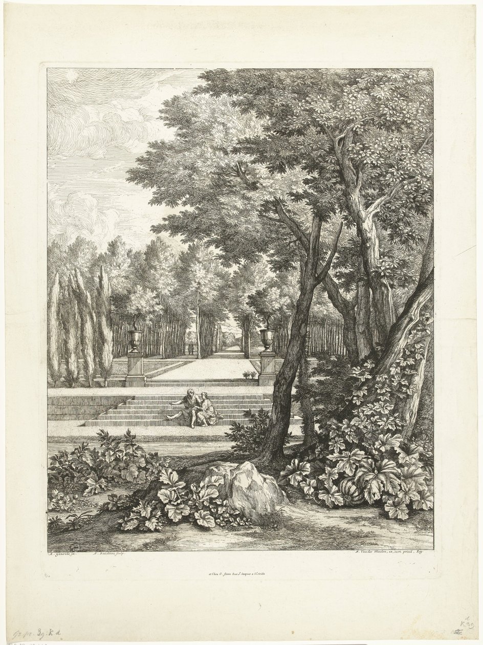 Landschap met paar, zittend op een trap in de tuin door Adriaen Frans Boudewyns