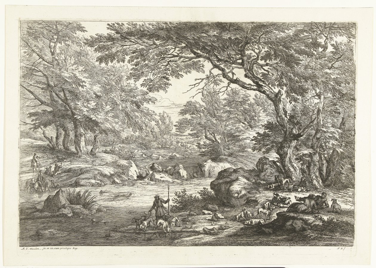 Landschap met rustende jagers Landschappen met jagers (serietitel) door Adriaen Frans Boudewyns
