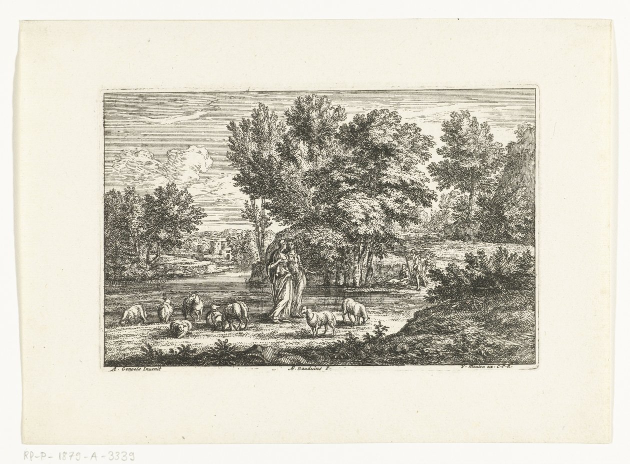 Landschap met twee herderinnen bij een water door Adriaen Frans Boudewyns