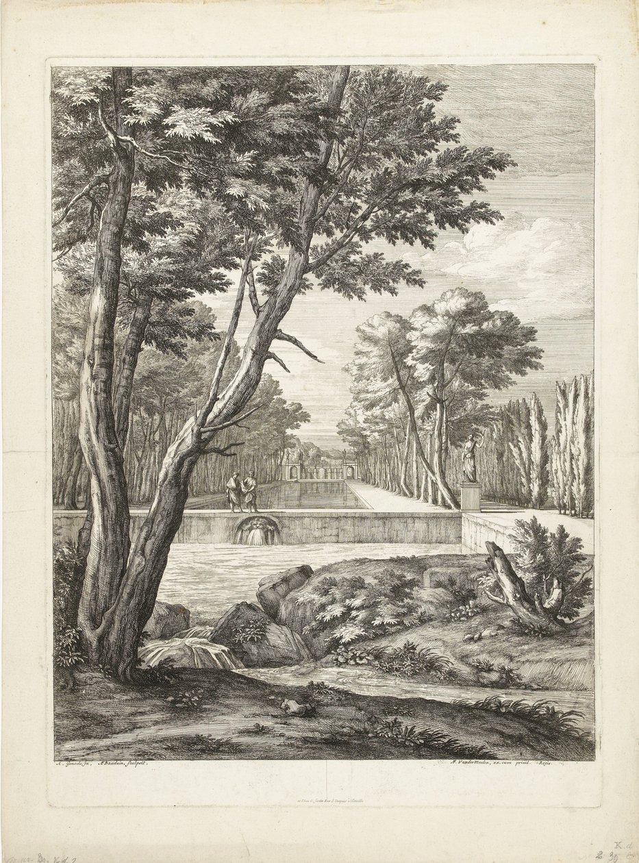 Landschap met twee mannen bij een fontein door Adriaen Frans Boudewyns