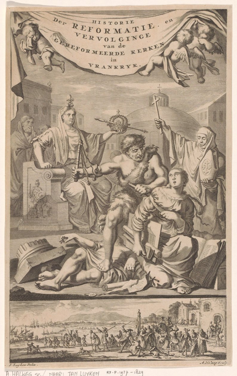 Titelpagina voor: E. Benoist, Historie der Gereformeerde Kerken van Vrankrijk, 1696 door Adriaen Haelwegh