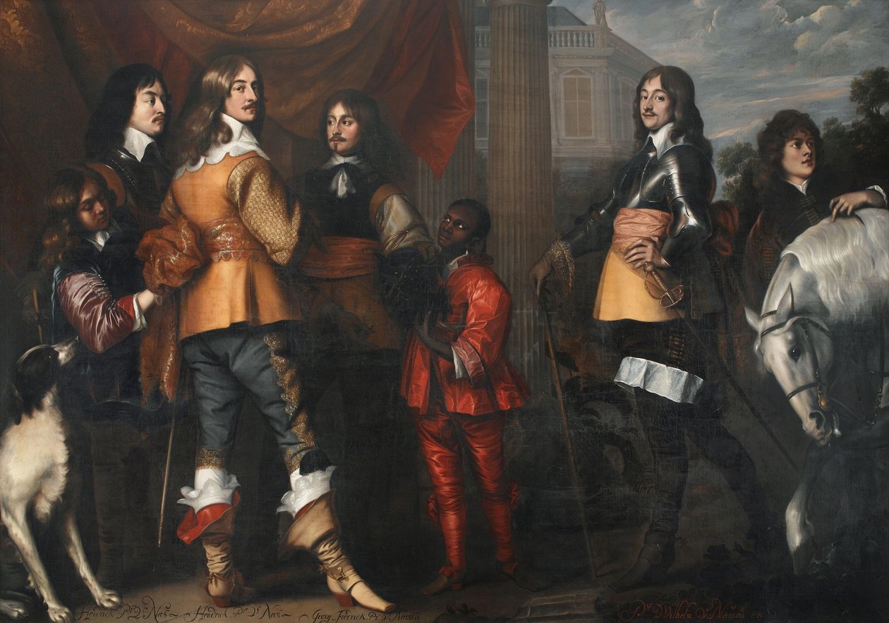 Group portrait of Willem Frederik van Nassau-Dietz (1613-1664), Hendrik Casimir I van Nassau-Dietz (1612-1640), Hendrik van Nassau-Siegen (1611-1652) and George Frederik van Nassau-Siegen (1606-1674), with servants door Adriaen Hanneman