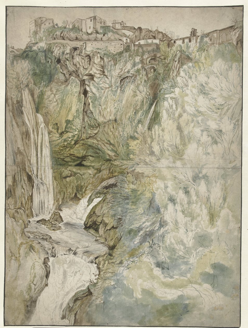Gezicht op de Grote Waterval bij Tivoli door Adriaen Honich (attributed to)