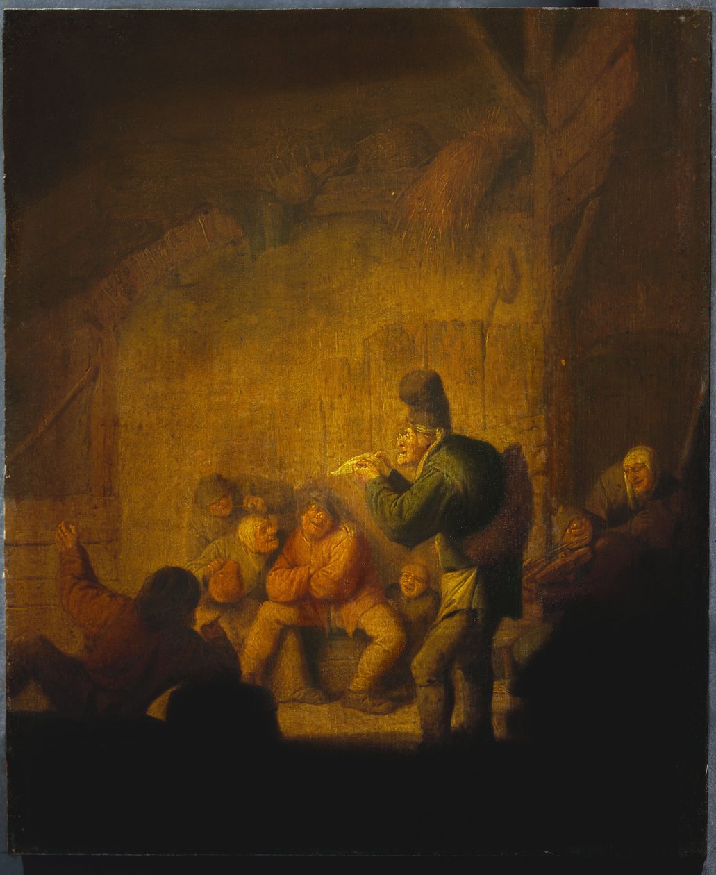 Een schuurinterieur met een nar die zijn metgezellen vermaakt door Adriaen Jansz. van Ostade