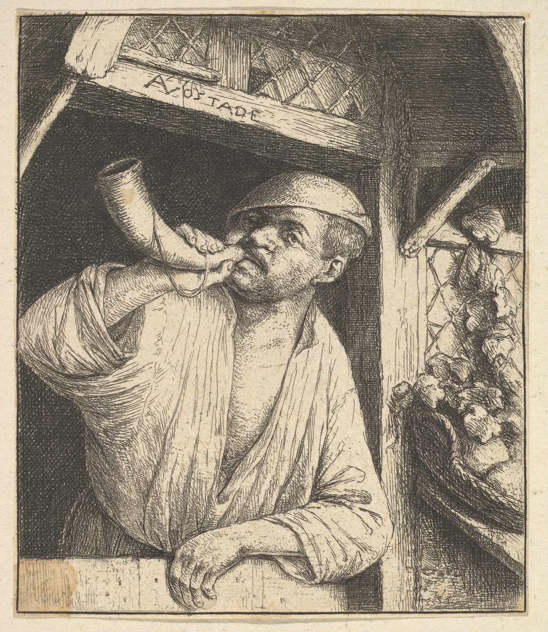 Bakker die op een hoorn blaast, 1610-85 door Adriaen Jansz. van Ostade