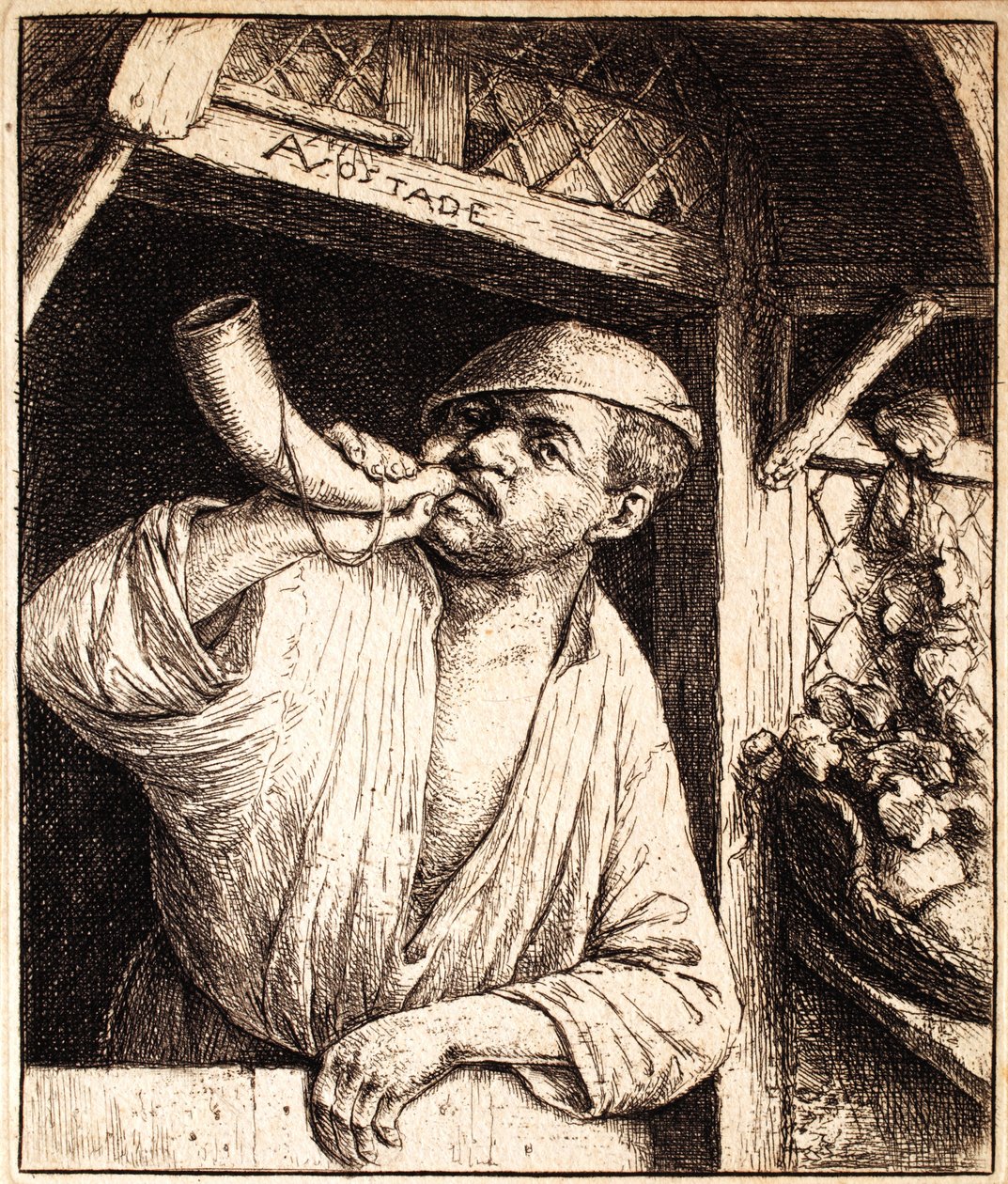 Bakker die zijn Hoorn Blaast, ca. 1670 door Adriaen Jansz. van Ostade