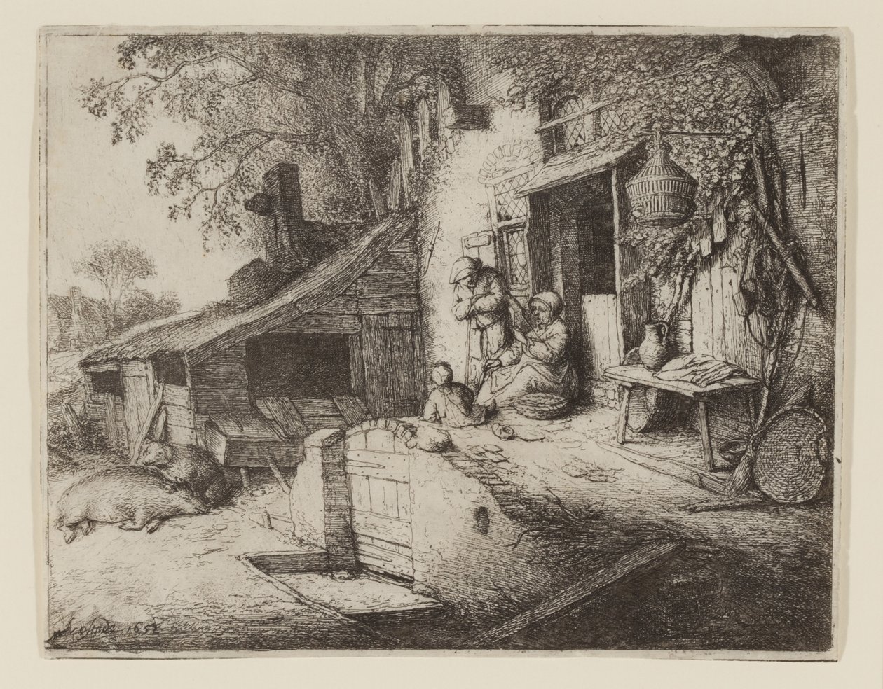 Bij de deur van het huisje - De spinster door Adriaen Jansz. van Ostade