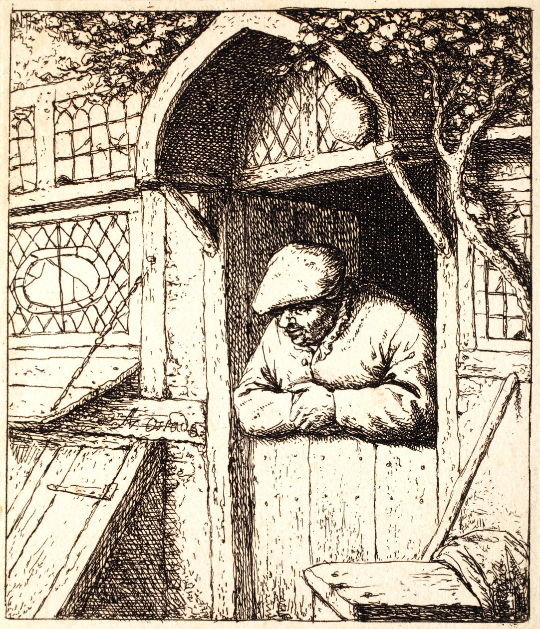 Man Leunend op Zijn Deur door Adriaen Jansz. van Ostade