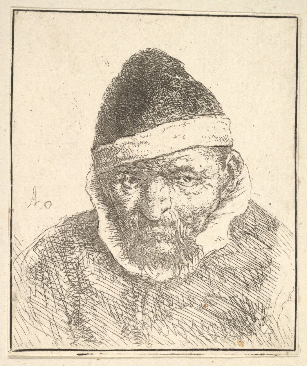 Oude man met witte kraag en puntige hoed door Adriaen Jansz. van Ostade