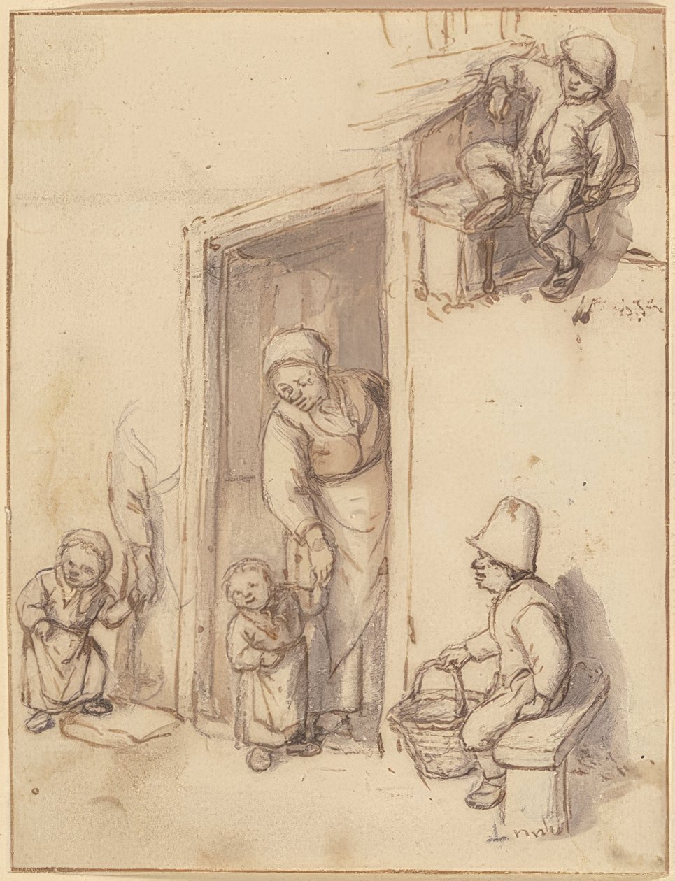 Studieblad met een moeder en haar dochter in de deuropening, twee zittende jongens door Adriaen Jansz. van Ostade