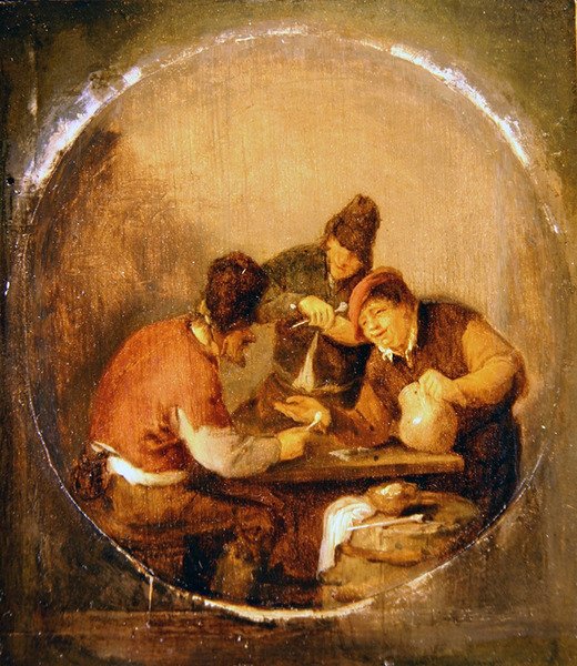 Drie boeren drinken en roken in een taverne door Adriaen Jansz. van Ostade