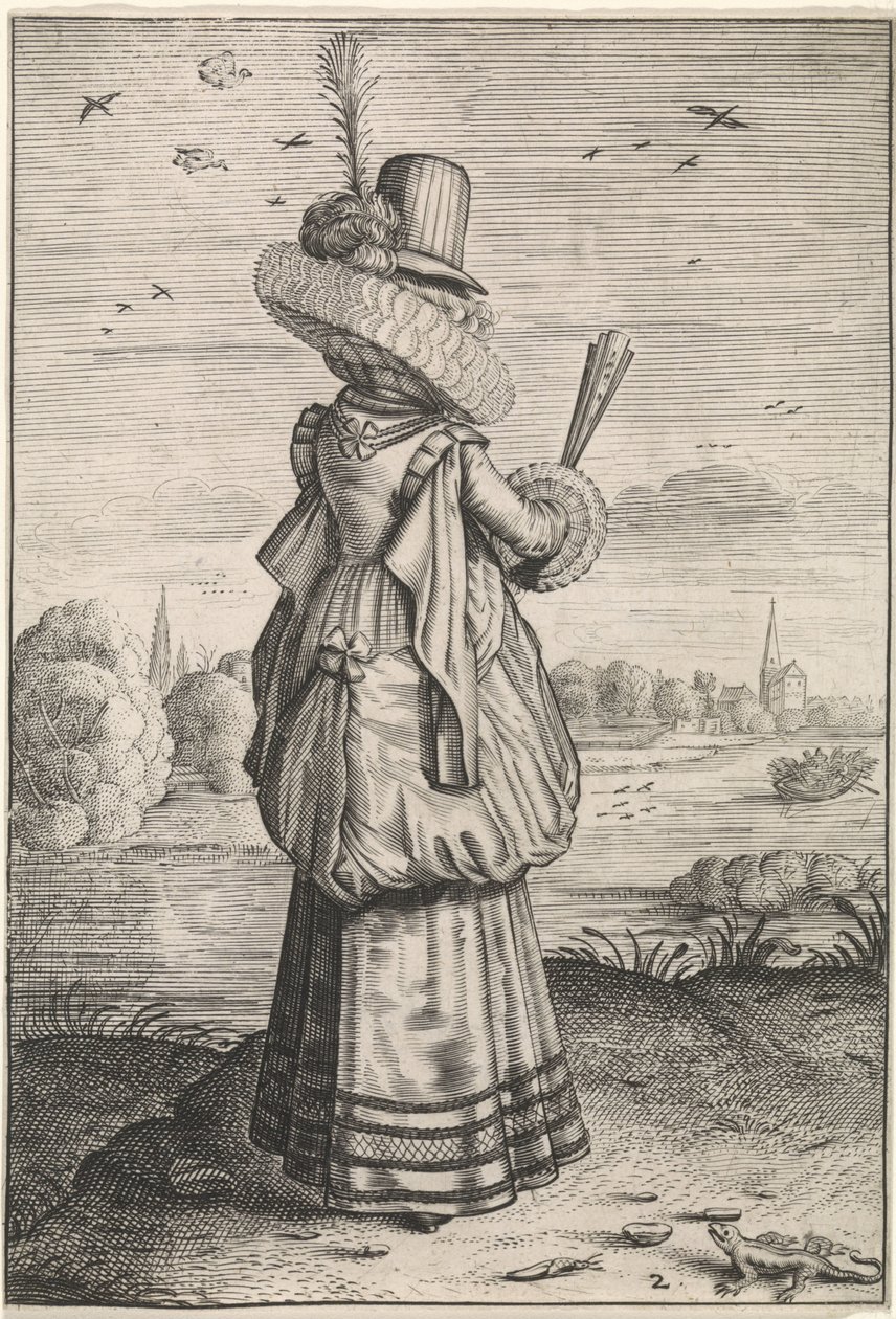 Kleding en omgeving van Nederlandse adellijke dames en boerinnen (series title) door Adriaen Matham (possibly)